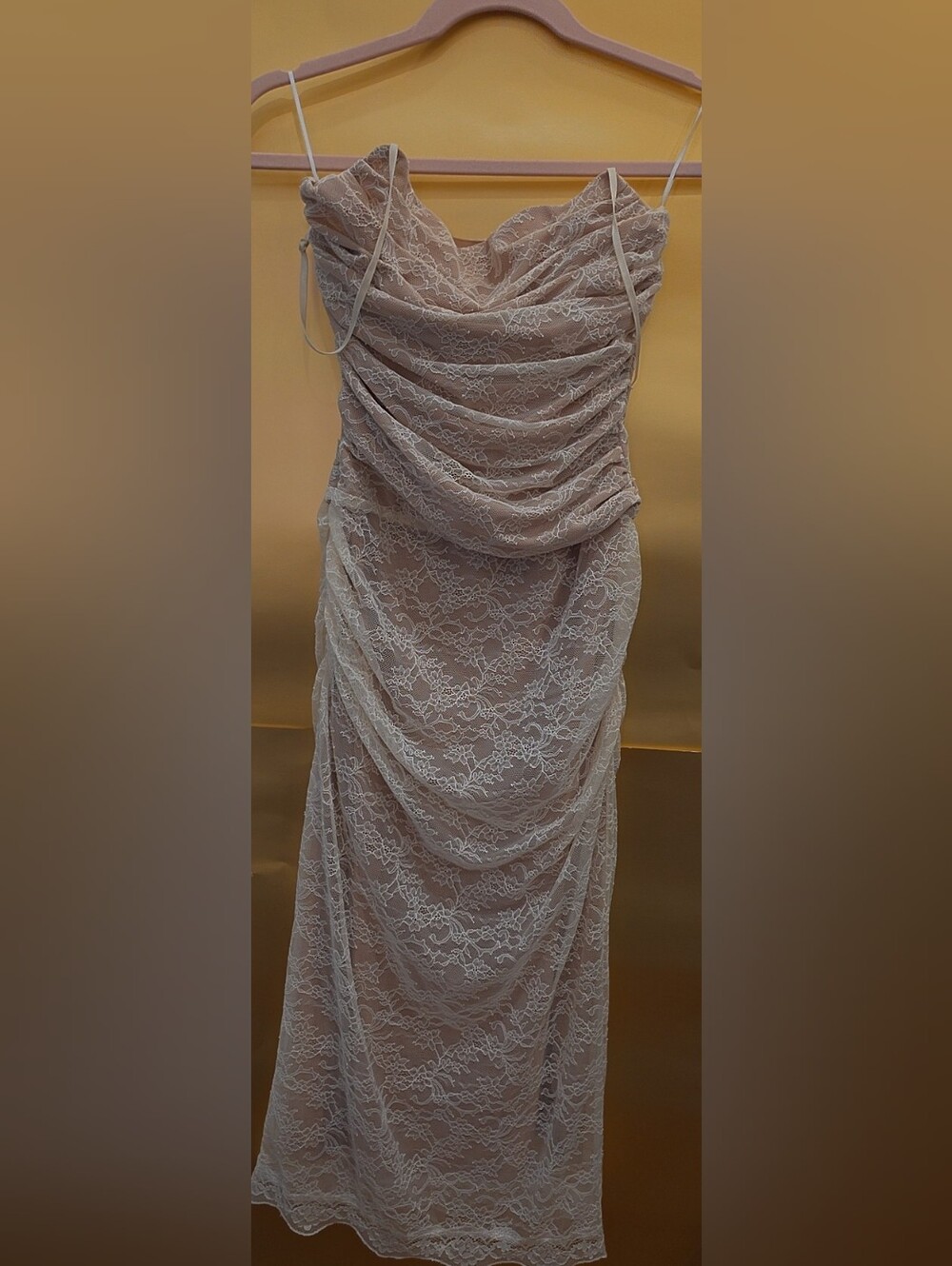 Draped Lace Evening Dress in Taupe